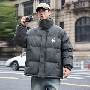 港风冬季新款棉衣男印花宽松PU皮立领面包服大码外套男MY625-P128图片