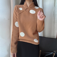 时尚波点羊毛女士毛衣优雅立领设计温暖舒适秋冬，女装羊毛衫，臻纶羊绒