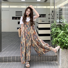 薄款阔腿裤夏季国风吊带连体裤洋气长款春夏背带印花大码碎花显瘦，女装连体裤，2C090