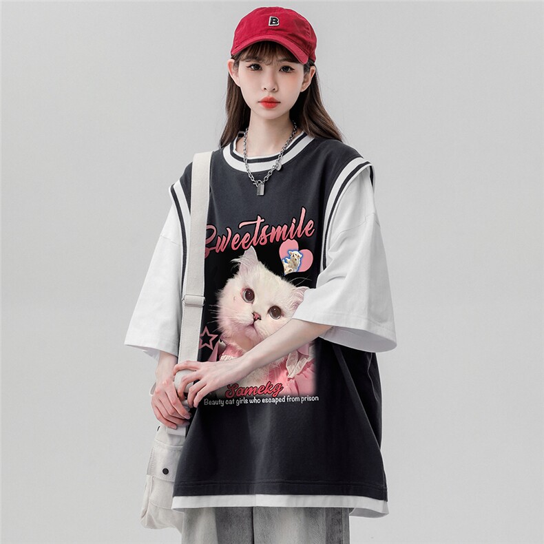 ！夏季时尚可爱小猫印花假两件背心短袖T恤女T6618P40控58,男装背心/马甲,电商A268