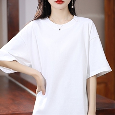 24夏新款圆领100%纯棉女士短袖宽松中长款百搭半袖t恤打底体恤衫，女装T恤，暖习羊绒