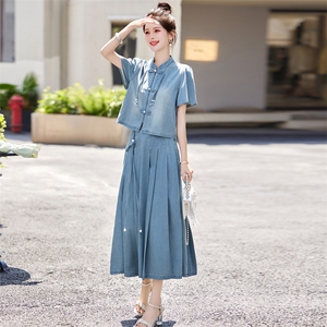 新中式国风牛仔套装裙女2025年夏季新款复古盘扣半身裙时尚两件套图片