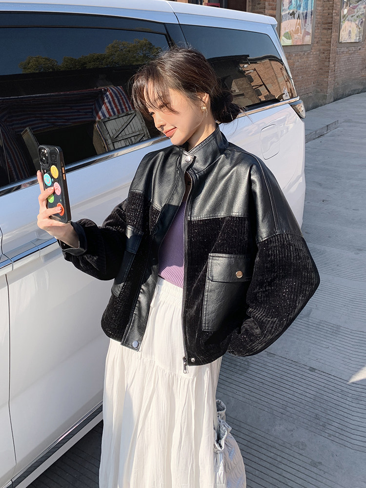 短款皮衣外套女2024秋季新款宽松洋气时尚显瘦休闲百搭拼接皮夹克，女装皮衣，简古