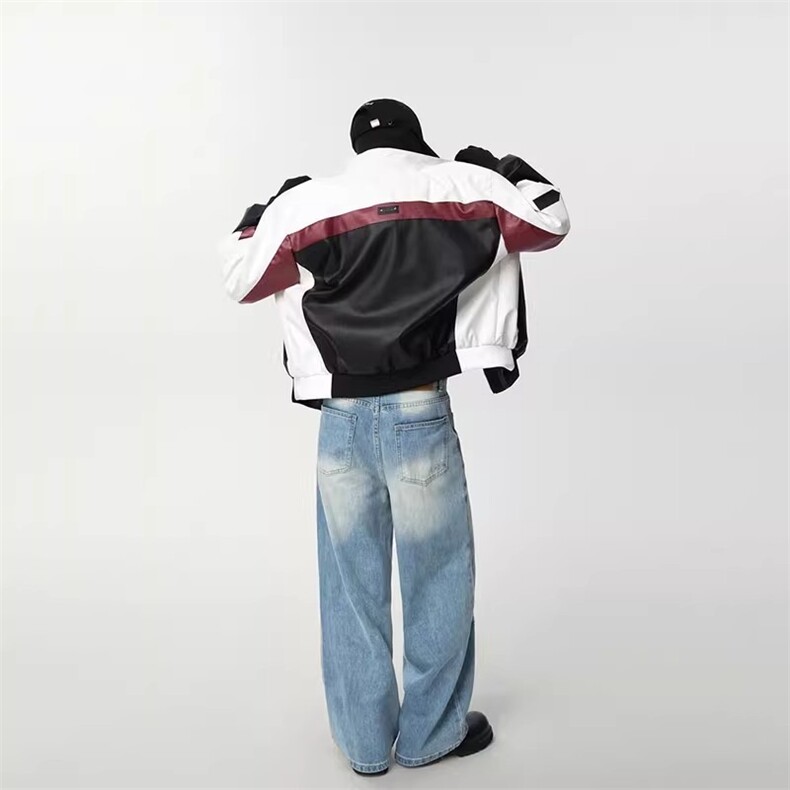 JK8574-P68美式pu皮衣飞行员夹克男款情侣拼接撞色痞帅高级感,男装皮衣,电商B323A