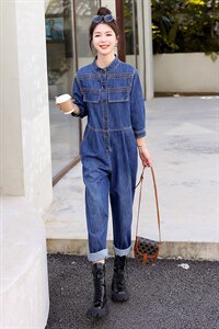 时尚显瘦牛仔连体裤女宽松高腰长袖休闲工装裤百搭气质外套春装新款，女装连体裤，秋水欣儿