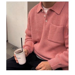 现货 MY57-P80 粉色宽松百搭口袋polo领长袖毛衣针织衫男女图片