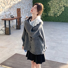 灰色蕾丝娃娃领外套女2025春季新款超好看甜美减龄木耳边拼接上衣，女装短外套，2C239