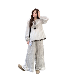 温柔系穿搭甜美流苏娃娃衫套装女秋2025新款显瘦波点阔腿裤两件套图片