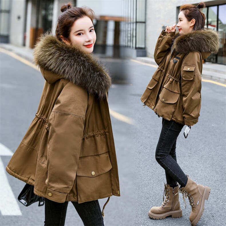 棉衣/棉服2021新款冬兔毛中长款工装带帽棉服女外套配毛领，女装派克服，瑶迪依秀