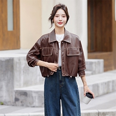短款皮衣外套女2024秋季新款宽松休闲美式复古美拉德机车夹克上衣，女装皮衣，跑量工厂店