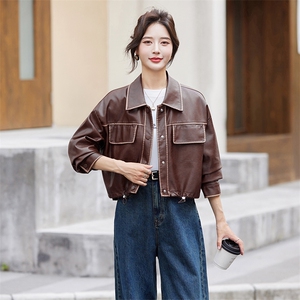 短款皮衣外套女2024秋季新款宽松休闲美式复古美拉德机车夹克上衣图片
