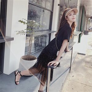2025夏装新款亮片中长款修身连衣裙仙小众森女系网纱拼接闺蜜装图片