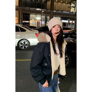 现货重磅boxy短款棉衣座山雕大毛毛领男女棉服水洗工装厚外套图片