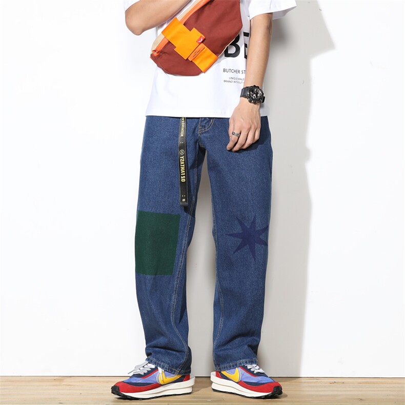 2021新款撞色印花阔腿裤复古牛仔裤宽松可5063-605,男装牛仔裤,星座304A-1
