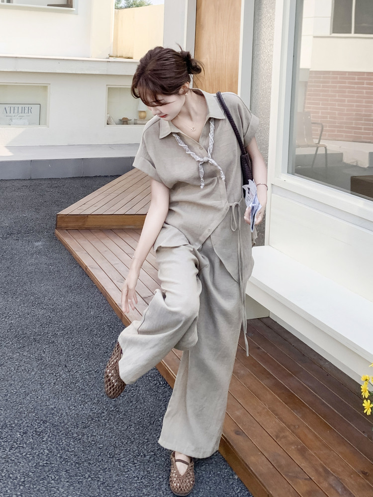 2026夏季法式亚麻短袖不规则系带衬衫阔腿裤套装女休闲两件套套裤,女装套装/套裙,霓裳依族