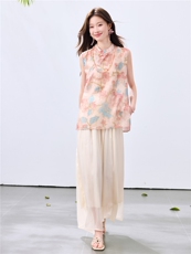 夏季新款现货！2026新中式奥黛款植物花卉上衣+阔腿裤洋气两件套，女装套装/套裙，宝儿家