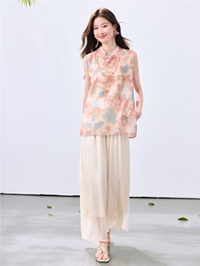 夏季新款现货！2026新中式奥黛款植物花卉上衣+阔腿裤洋气两件套图片