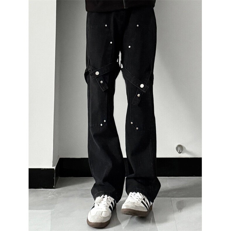 美式hiphop裤子高街vibe交叉绑带牛仔裤修身直筒微喇叭裤,男装牛仔裤,星座310A-4