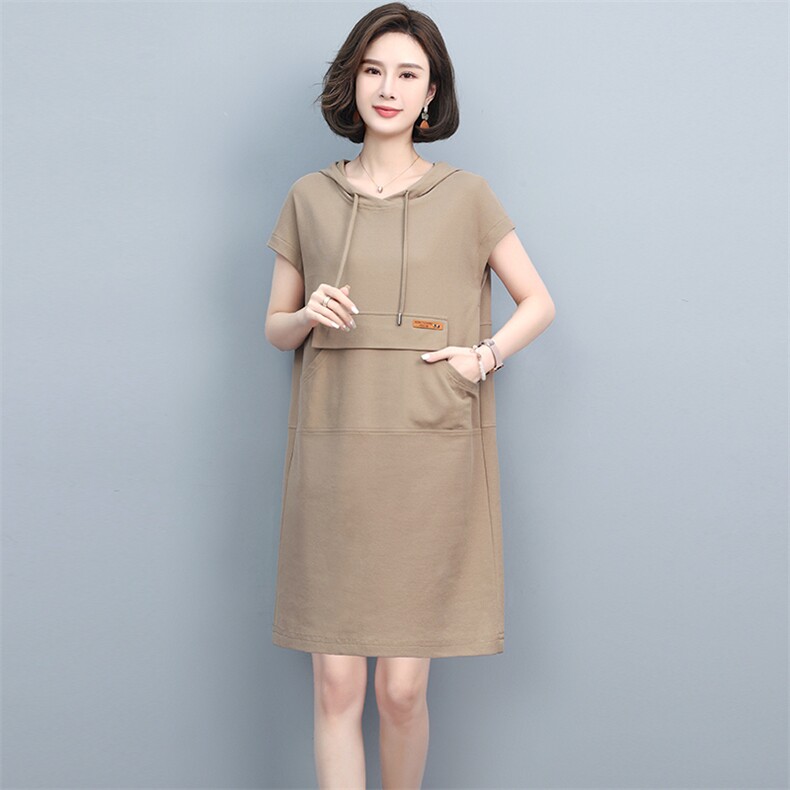 2022年夏季新款韩版宽松连衣裙针织卫衣裙套头中长款通勤,女装连衣裙,忆绮罗