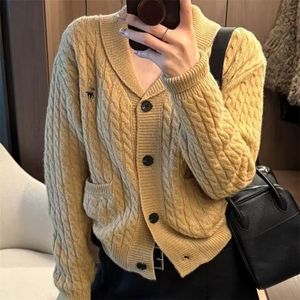 针织开衫女秋冬坑条加厚外套小个子羊毛衫图片