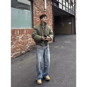美式复古水洗做旧猫须阔腿百搭弯刀牛仔裤男女新款小众通勤长裤图片