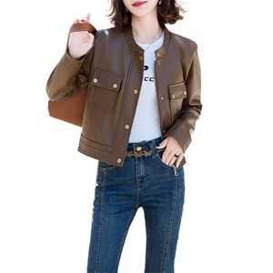 现货美拉德小香风褐色仿羊皮衣外套女2024秋装新款精致职场通勤图片