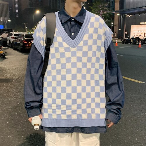 ！2025秋冬新款男士格子毛衣背心中性潮流无袖针织衫MX02P60,男装背心/马甲,电商B220