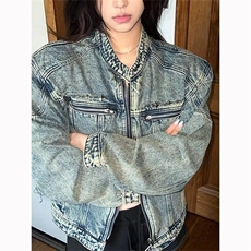 现货重工水洗短款牛仔外套春秋季小众设计复古垫肩牛仔衣立领夹克，男装工装外套，星座302B-3