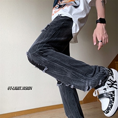 B221美式ins高街暗黑小众毛边破洞直筒牛仔裤LK23111-P60控78，男装牛仔裤，电商B221