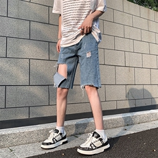 现货夏季破洞毛边五分牛仔裤浅蓝色乞丐中裤K065-K067-P35控58，男装牛仔裤，星座205