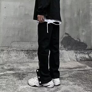 高街黑色排扣牛仔裤潮工装机能显瘦复古长裤男X8850,复古婚纱照服装搭配图图片