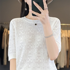 夏季新款冰丝针织短袖女圆领镂空提花半袖上衣宽松T恤短款打底衫，女装T恤，秋虹羊绒