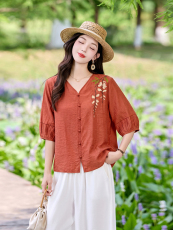 时尚洋气刺绣棉麻套装女2026夏季新款宽松遮肉显瘦阔腿裤两件套，女装套装/套裙，魅影
