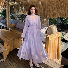 紫色绝美度假风连衣裙女2025夏季新款独特仙气飘飘薄纱收腰a字裙，女装连衣裙，2C108