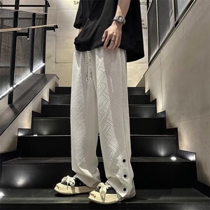 休闲裤男韩版潮流暗纹高街帅裤脚开衩2023春夏季ins长裤K3516-P42图片