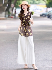 2025夏季新款设计感气质法式复古印花收腰衬衫阔腿裤两件套，女装套装/套裙，妙形