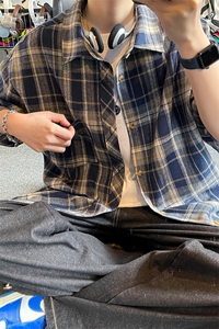 撞色格子短袖衬衫男夏季薄款美式复古学院风潮流百搭宽松半袖衬衣图片