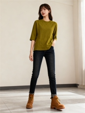 2025年秋季时尚百搭通勤简约休闲鱼骨五分袖，女装T恤，湘姗