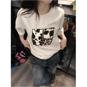 夏季新款港风美式奶牛图案刺绣宽松慵懒风圆领T恤男女 ZX465-P33图片