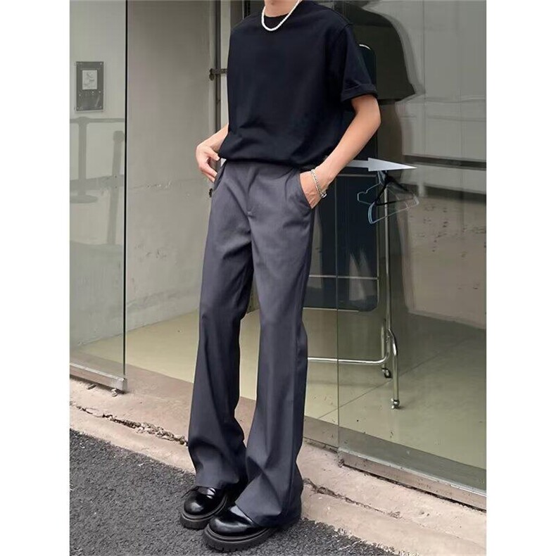 黑色高腰弯刀西裤男款垂坠感高级感裤子cleanfit高个子直筒微喇裤,男装休闲裤,星座302B
