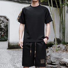 男士休闲运动套装男刺绣拼接T恤短裤两件套青年A266-TZ9907-P47，男装牛仔裤，电商A266