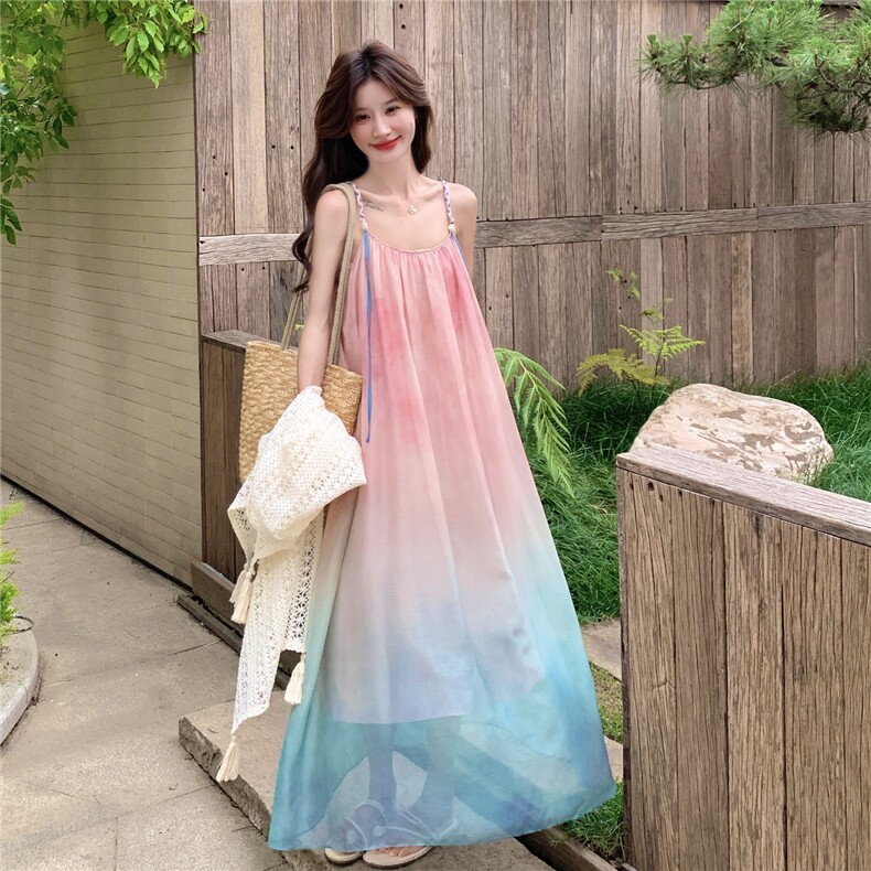 粉色网纱渐变吊带连衣裙披肩两件套女夏季巨好看度假风小众套装,女装连衣裙,2C267