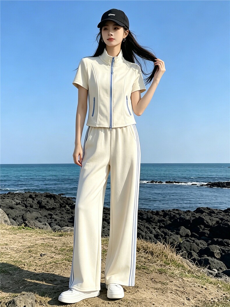 港风炸街休闲运动套装女夏洋气显瘦修身立领短袖上衣阔腿裤两件套,女装套装/套裙,江南