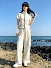 港风炸街休闲运动套装女夏洋气显瘦修身立领短袖上衣阔腿裤两件套，女装套装/套裙，江南