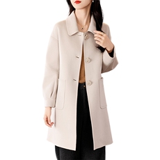 2024秋季新款纯色POLO领双兜中长款双面呢大衣通勤百搭，女装双面呢大衣，贝源羊绒