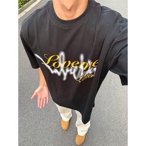 抖音得物供货210克现货宽松纯棉美式潮牌印花落肩袖纯棉T恤AT2194图片