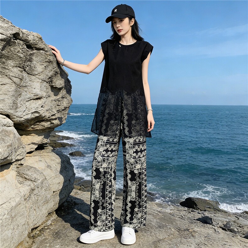 慵懒风减龄时尚套装女夏新款遮肚显瘦无袖网纱拼接上衣长裤两件套,女装套装/套裙,江南