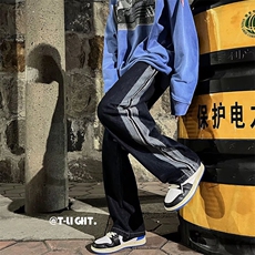 美式牛仔裤男宽松直筒ins潮牌设计感高街拼接垂感阔腿裤N1389-P45，男装牛仔裤，星座1008-1