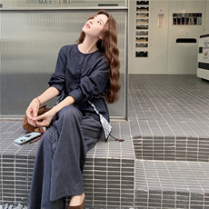 文艺风穿搭牛仔上衣套装女春秋超火好看高级小众条纹阔腿裤两件套，女装套装/套裙，2C050
