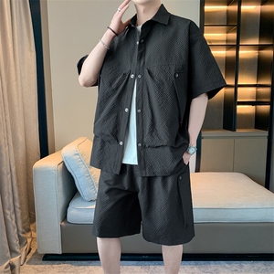 华夫格休闲套装男夏季潮牌冰丝衬衫男短袖一套搭配帅气高级感衣服
